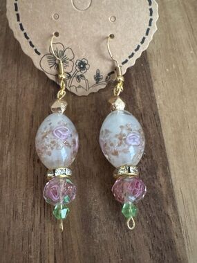 Handcrafted Pink Floral Glass Drop Earrings w/ Gold Accents